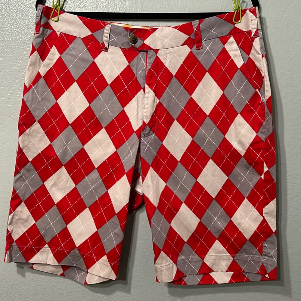 Loudmouth Golf Shorts Men’s 36 Red Gray White Argyle